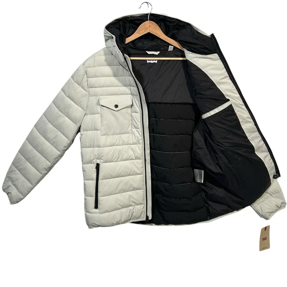Levis Mens Stretch Quilted Puffer Jacket XL Off-White-Ice Hooded Water Resistant